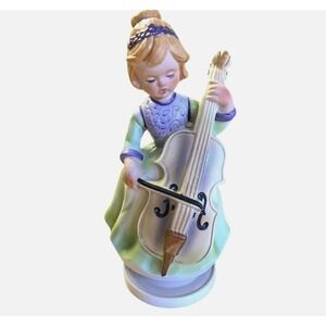 VTG I.W. Rice & Co. Floral Dress Girl holding Cello Music Box Tested And Working